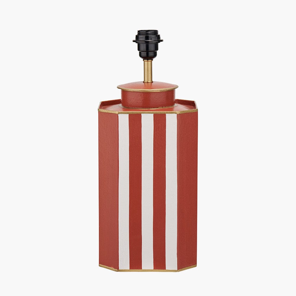 Raya Cinnamon and White Hand Painted Metal Table Lamp Base with Lino 40cm White Self Lined Linen Cylinder Lampshade.