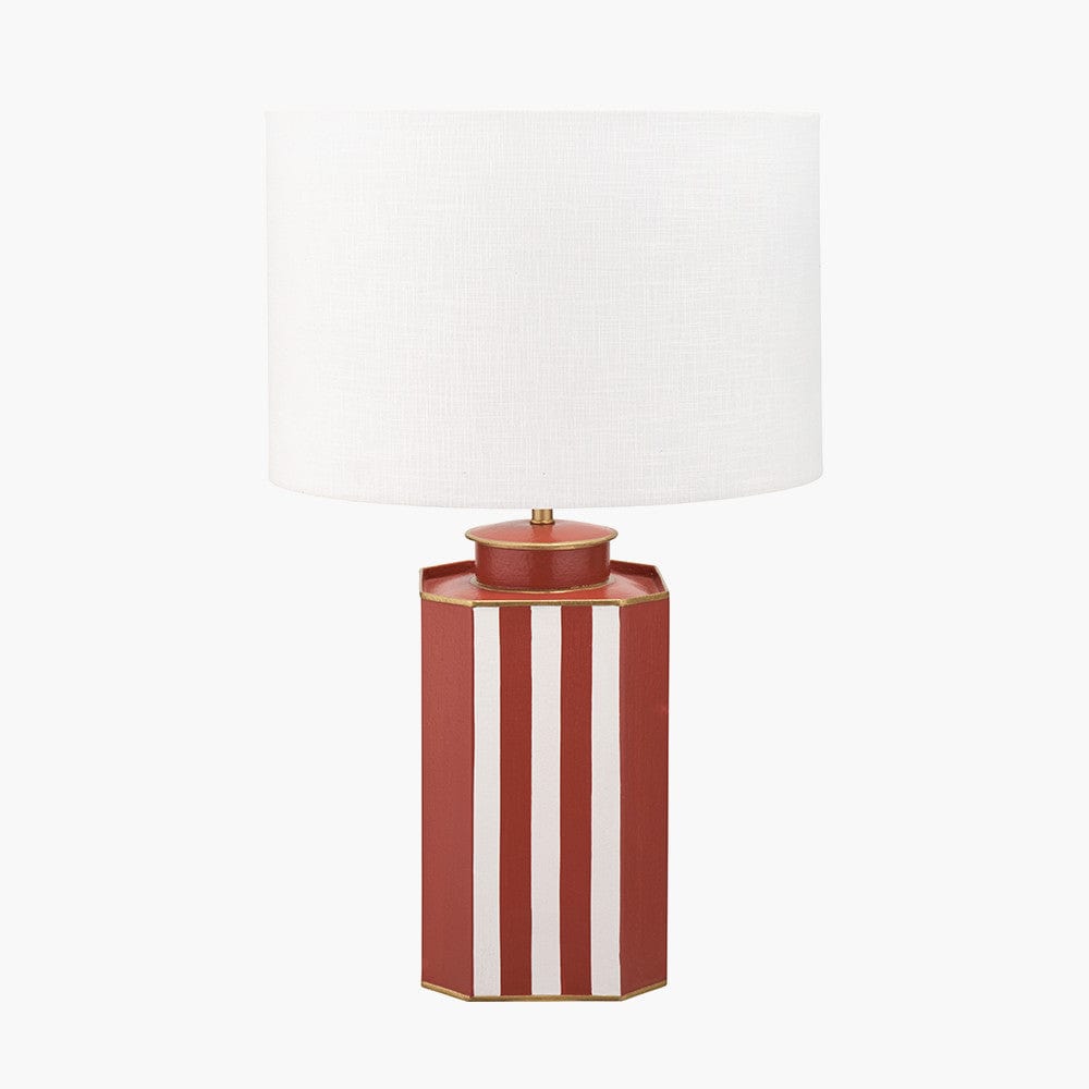 Raya Cinnamon and White Hand Painted Metal Table Lamp Base with Lino 40cm White Self Lined Linen Cylinder Lampshade.