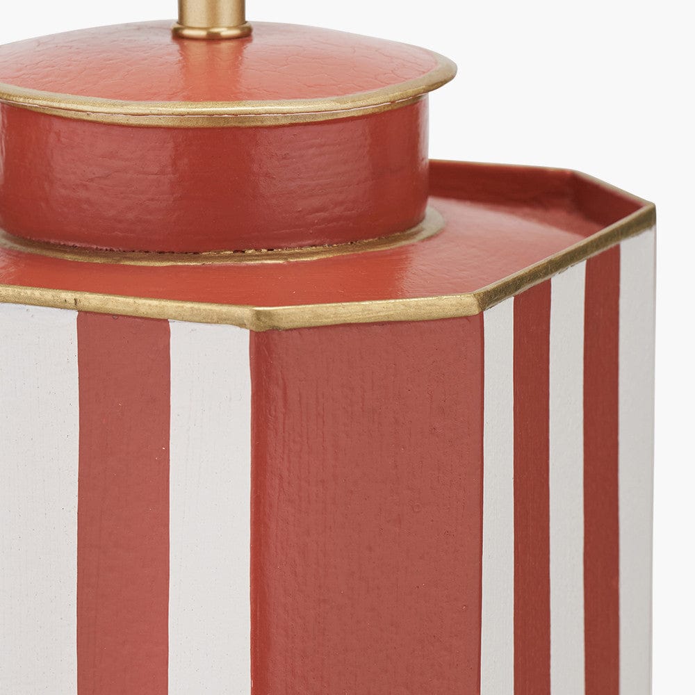 Raya Cinnamon and White Hand Painted Metal Table Lamp Base with Lino 40cm White Self Lined Linen Cylinder Lampshade.