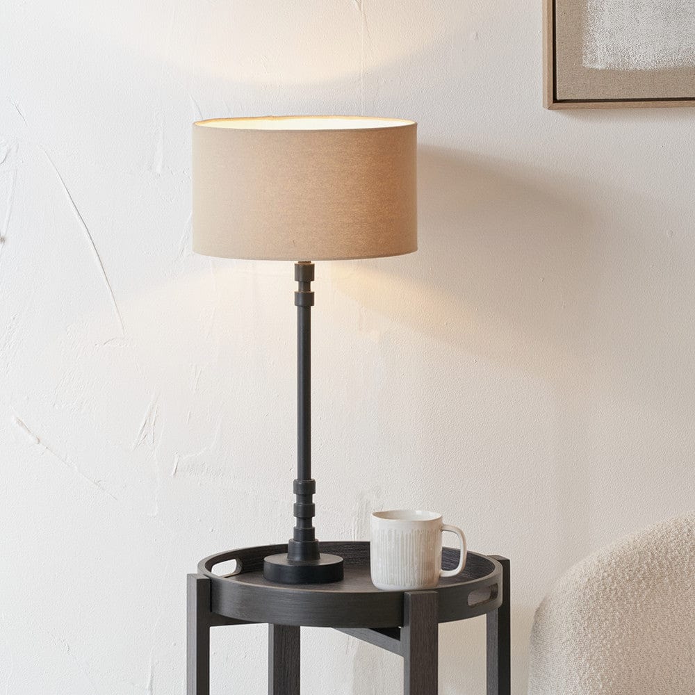Rhode Matt Black Stick Metal Table Lamp Base with Henry 30cm Taupe Handloom Cylinder Lampshade.