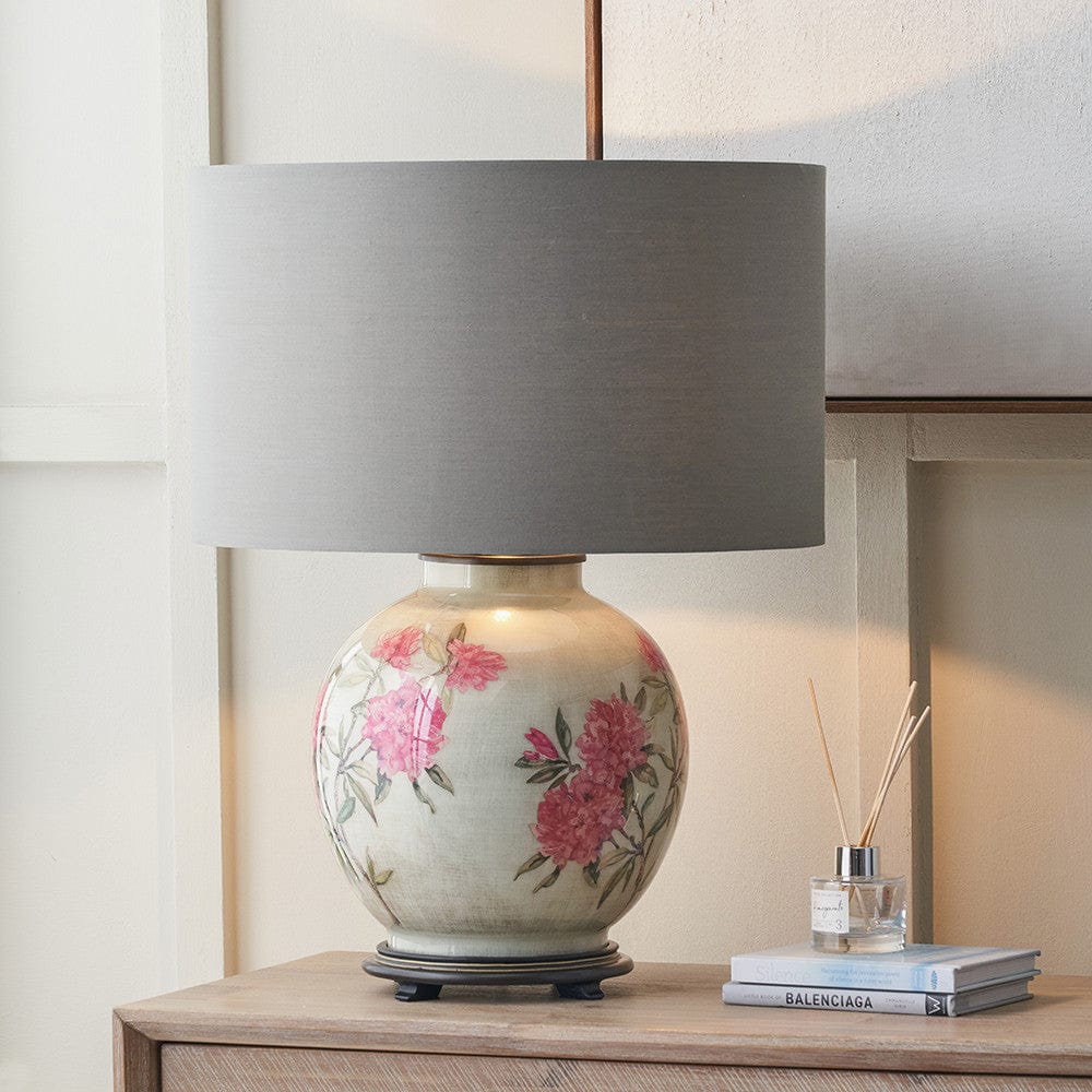 Pacific Lifestyle Lighting Rhododendron Large Glass Table Lamp Base with Harry 45cm Steel Grey Cotton Mix Cylinder Lampshade House of Isabella UK