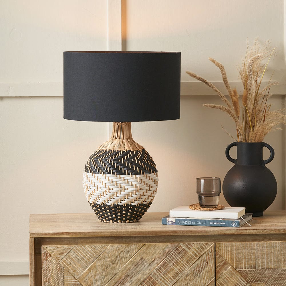 Rowan Natural Rattan Black and White Woven Table Lamp.