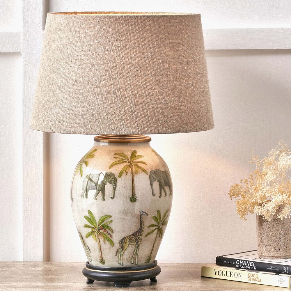 Safari Medium Glass Table Lamp Base with Milos 35cm Natural Linen Tapered Lampshade.
