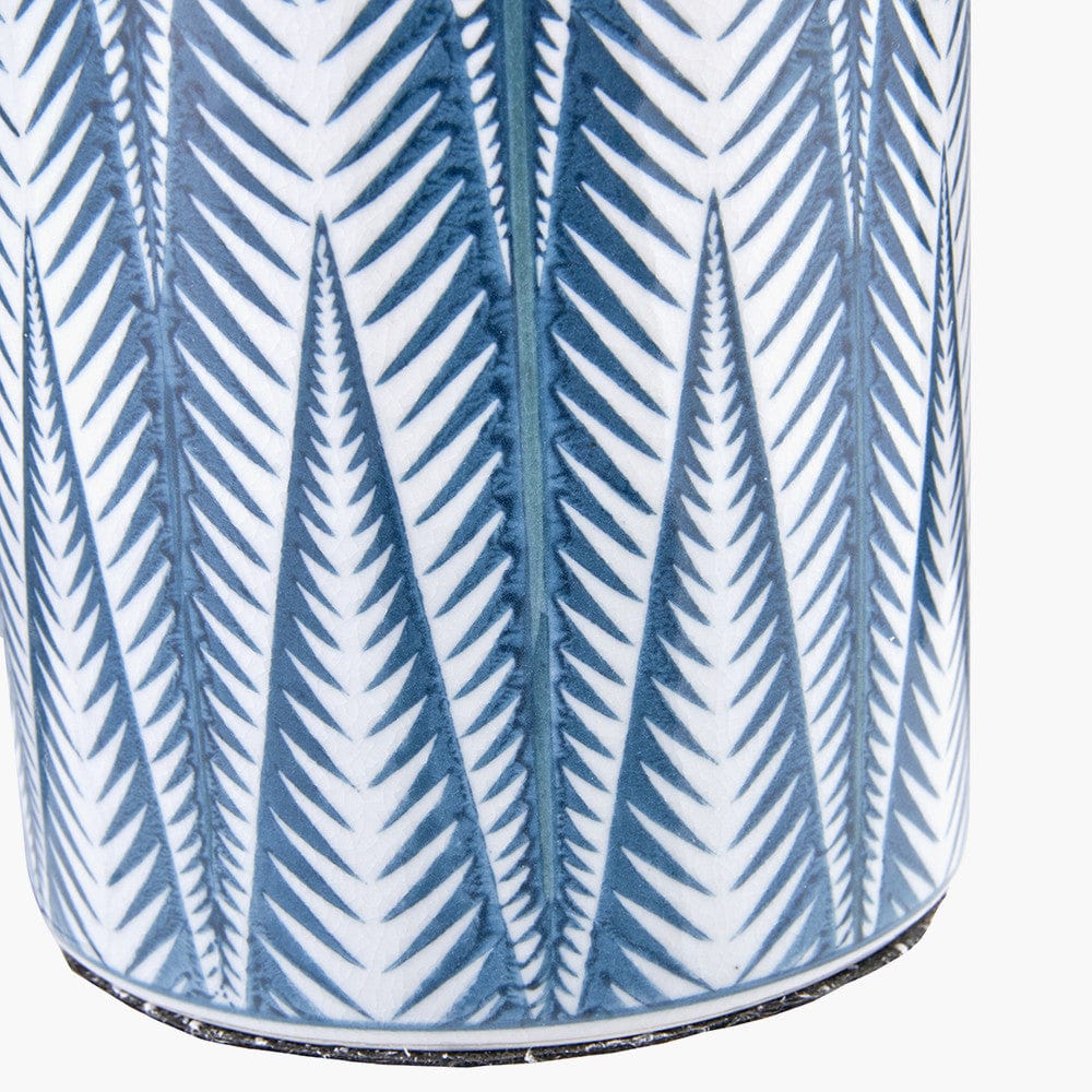 Samara Blue and White Aztec Pattern Ceramic Table Lamp Base with Henry 30cm White Handloom Cylinder Lampshade.