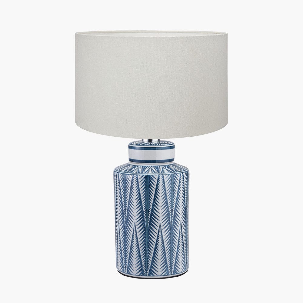 Samara Blue and White Aztec Pattern Ceramic Table Lamp Base with Henry 30cm White Handloom Cylinder Lampshade.