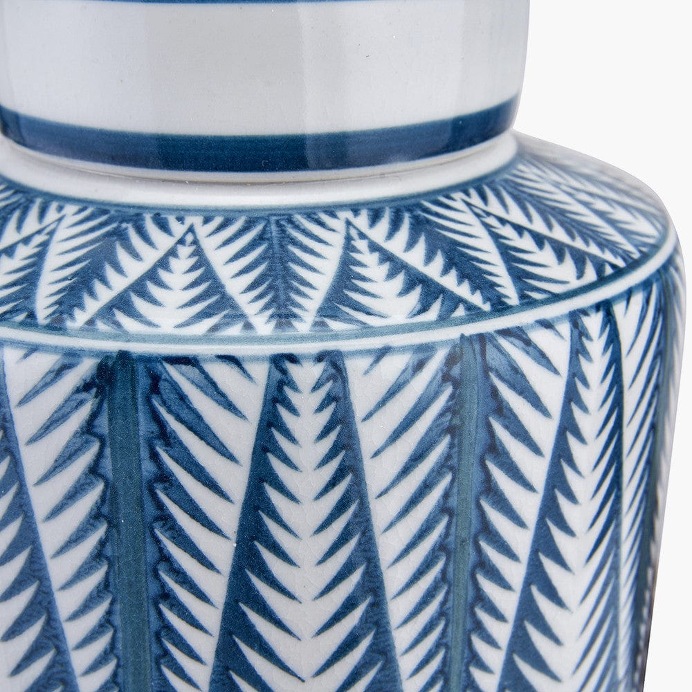 Samara Blue and White Aztec Pattern Ceramic Table Lamp Base with Lino 35cm White Self Lined Linen Cylinder Lampshade.