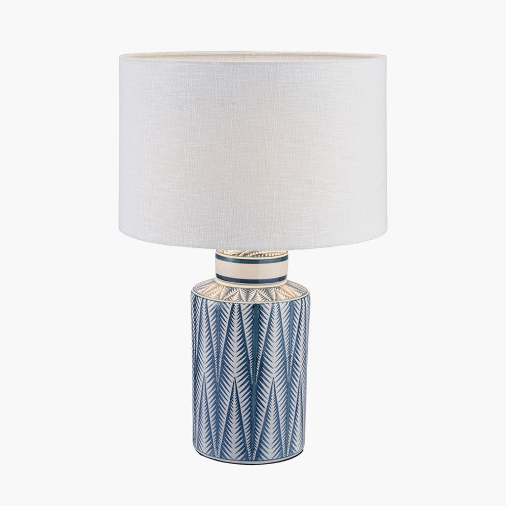 Samara Blue and White Aztec Pattern Ceramic Table Lamp Base with Lino 35cm White Self Lined Linen Cylinder Lampshade.