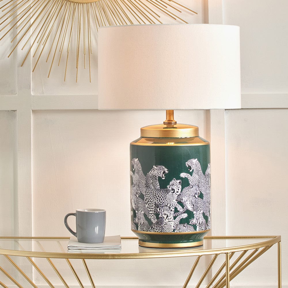 Saskia Forest Green Tall Cheetah Ceramic Table Lamp.