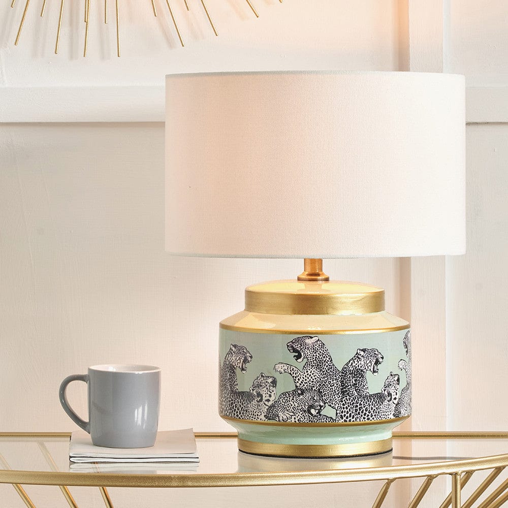 Saskia Sage Cheetah Ceramic Table Lamp Base with Henry 35cm White Handloom Cylinder Lampshade.
