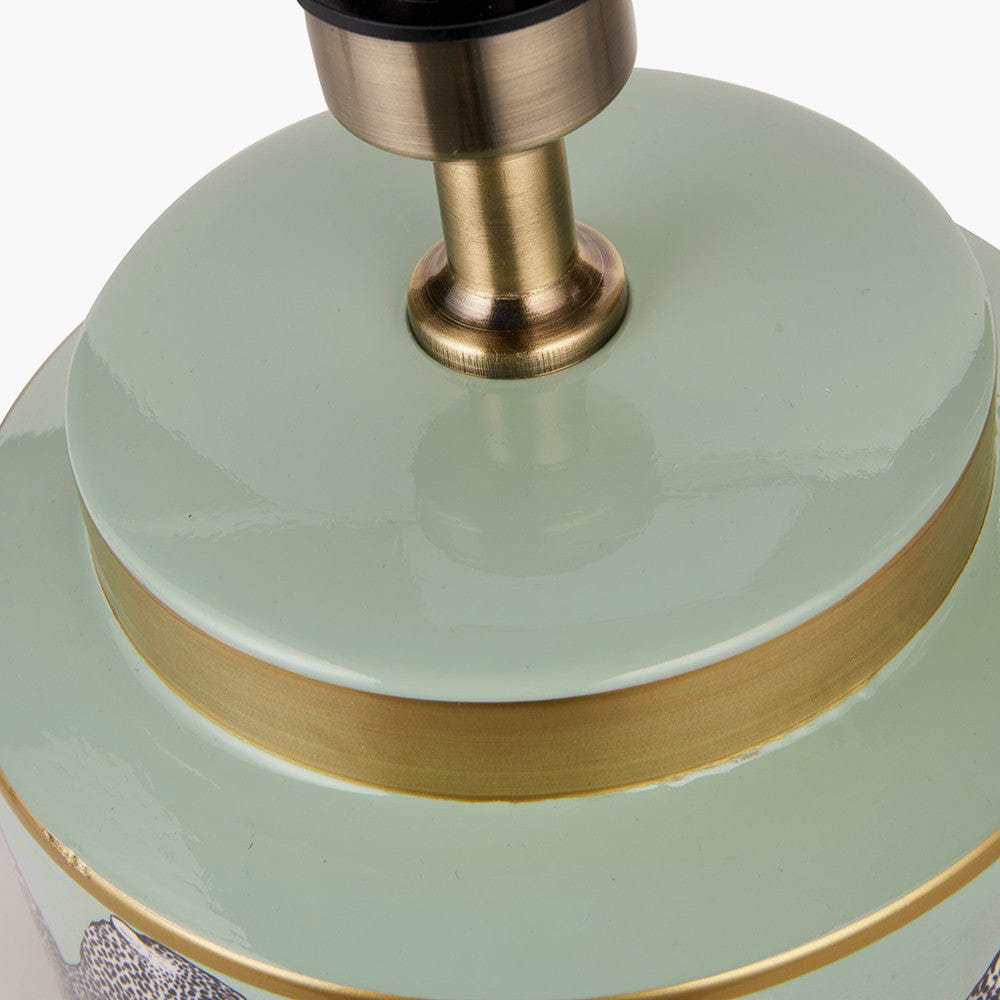 Saskia Sage Cheetah Ceramic Table Lamp Base with Henry 35cm White Handloom Cylinder Lampshade.