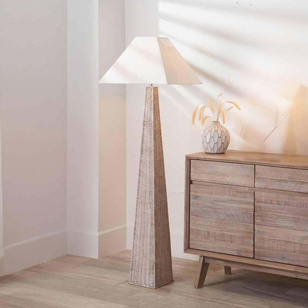 Seacomb Rattan Pyramid Floor Lamp Base with Pyramid 48cm Cream Cotton Tapered Square Lampshade.