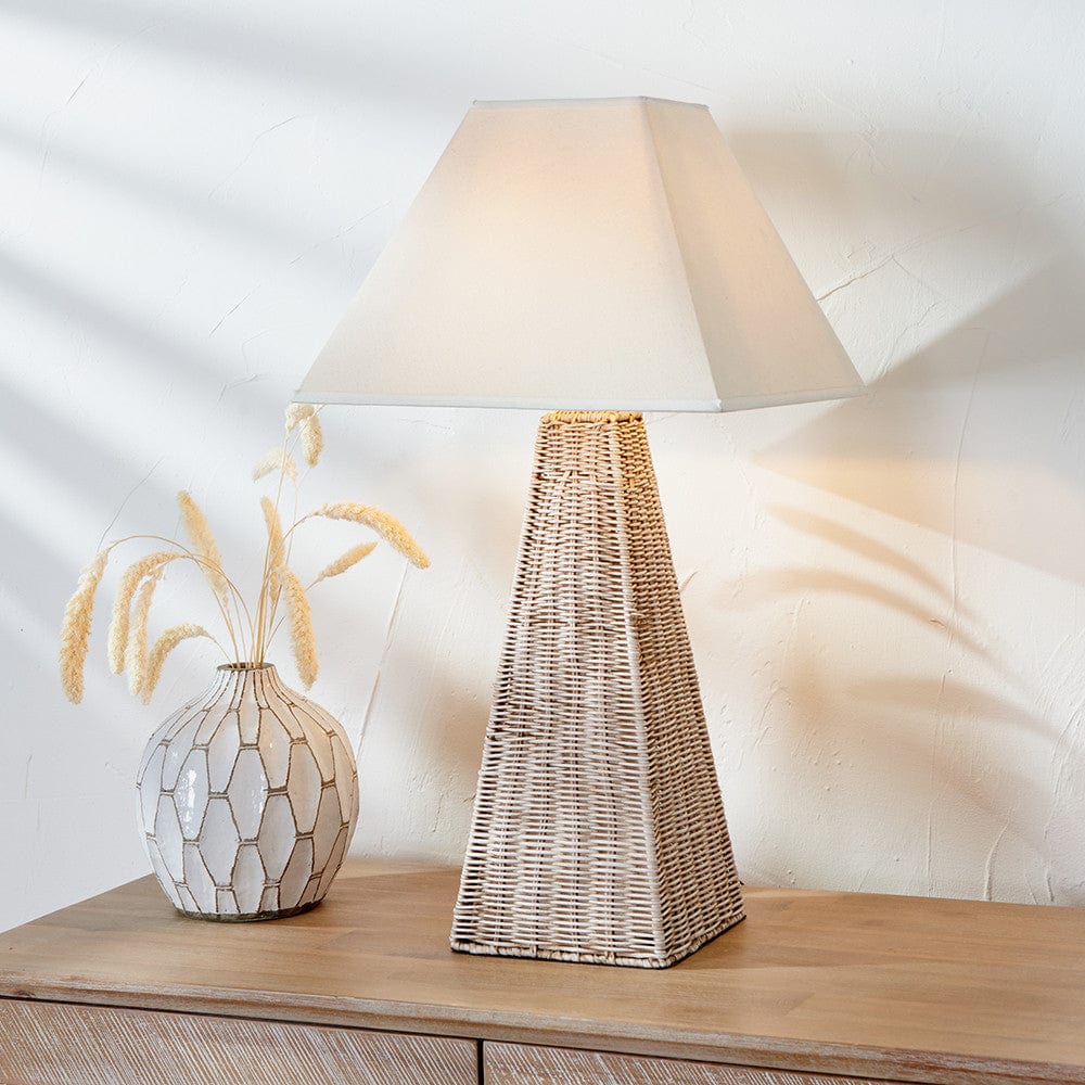 Seacomb Rattan Pyramid Table Lamp Base with Pyramid 35cm Cream Cotton Tapered Square Lampshade.