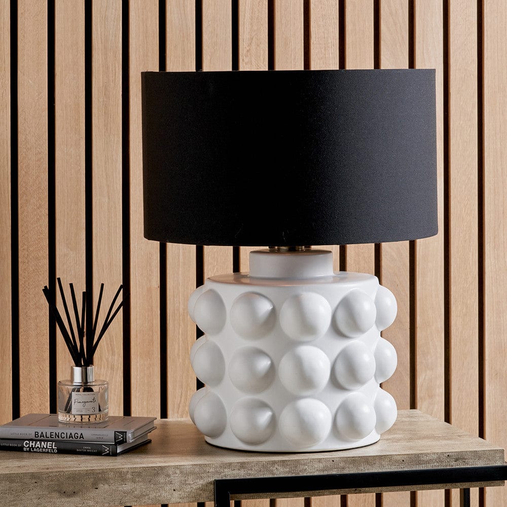 Serenity White Bobbled Ceramic Large Table Lamp Base with Harry 40cm Black Cotton Mix Cylinder Lampshade.
