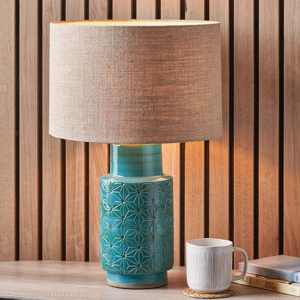 Sidra Aquamarine Stoneware Etch Detail Table Lamp Base with Edward 35cm Natural Linen Cylinder Lampshade.