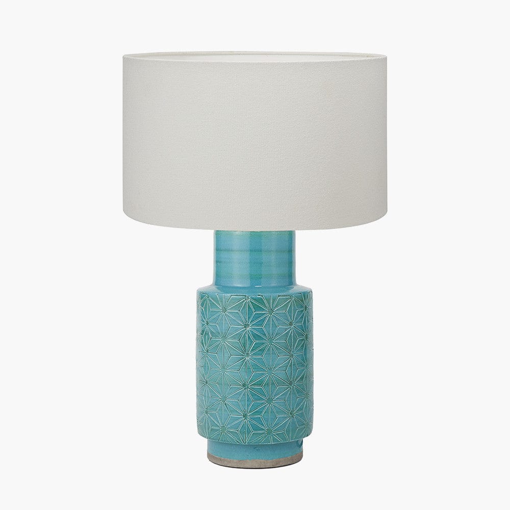 Sidra Aquamarine Stoneware Etch Detail Table Lamp Base with Henry 35cm White Handloom Cylinder Lampshade.