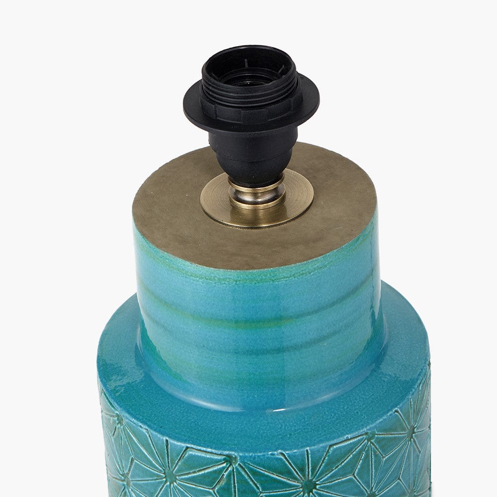 Sidra Aquamarine Stoneware Etch Detail Table Lamp Base with Henry 35cm White Handloom Cylinder Lampshade.
