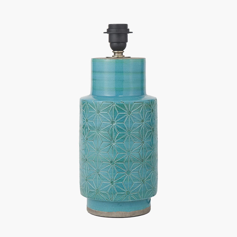 Sidra Aquamarine Stoneware Etch Detail Table Lamp Base with Henry 35cm White Handloom Cylinder Lampshade.