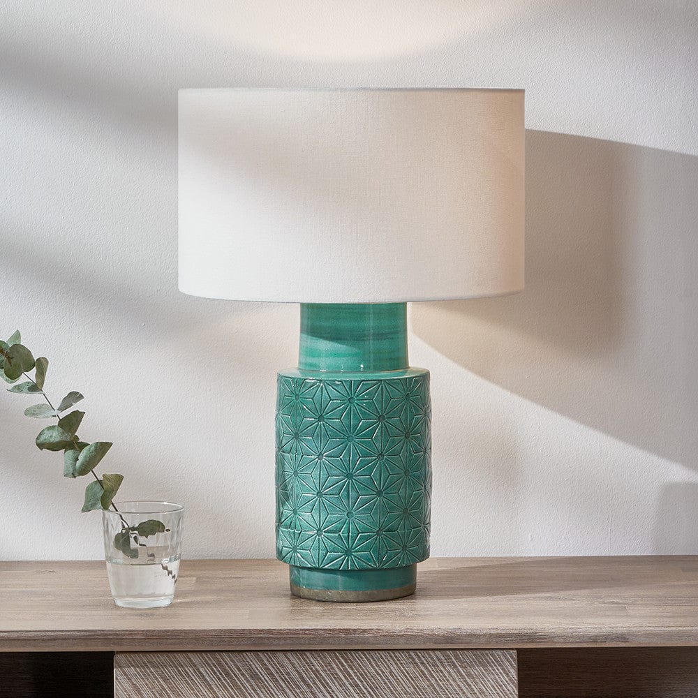 Sidra Aquamarine Stoneware Etch Detail Table Lamp Base with Henry 35cm White Handloom Cylinder Lampshade.