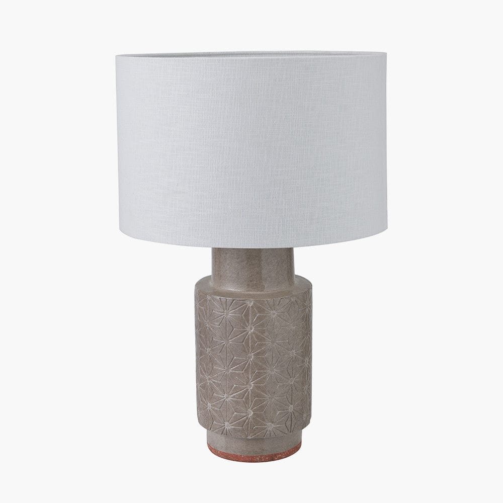 Sidra Grey Stoneware Etch Detail Table Lamp Base with Lino 35cm White Self Lined Linen Cylinder Lampshade.