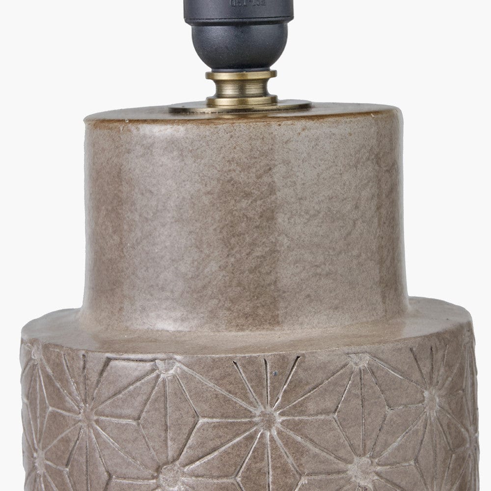 Sidra Grey Stoneware Etch Detail Table Lamp Base with Lino 35cm White Self Lined Linen Cylinder Lampshade.