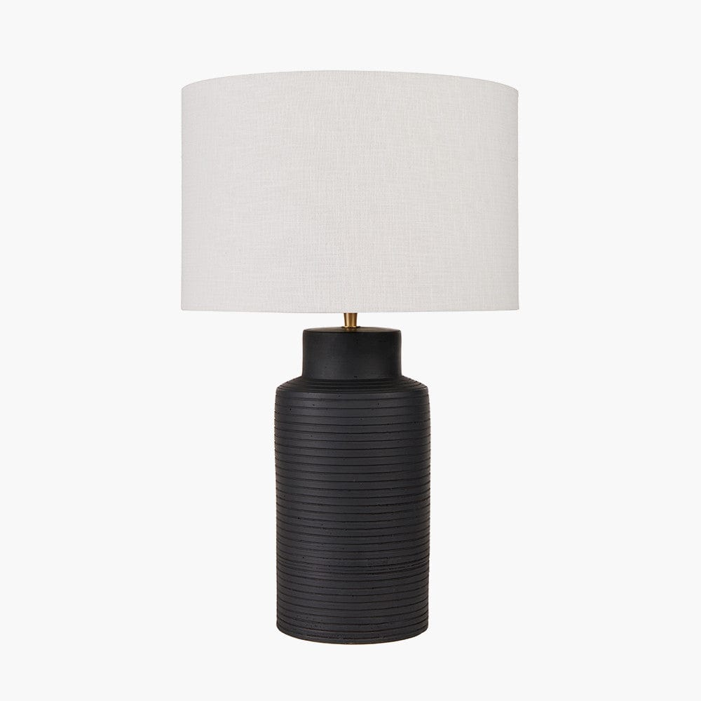 Sierra Black Tall Ribbed Terracotta Table Lamp Base with Lino 35cm White Self Lined Linen Cylinder Lampshade.