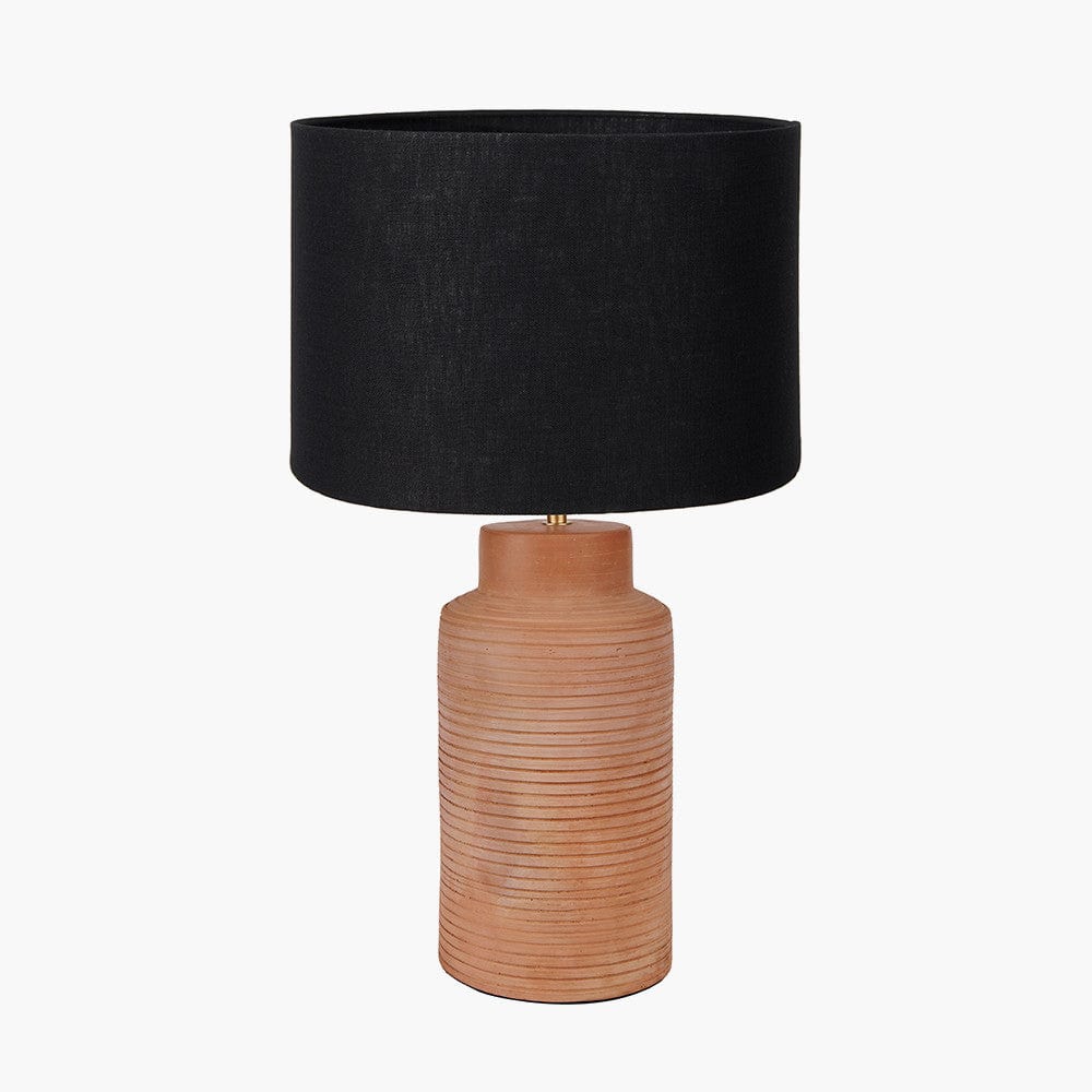 Pacific Lifestyle Lighting Sierra Natural Tall Ribbed Terracotta Table Lamp Base with Lino 35cm Black Self Lined Linen Cylinder Lampshade House of Isabella UK