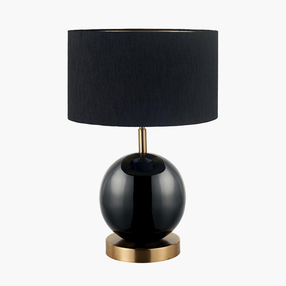 Sofia Black and Gold Enamel Table Lamp Base with Stellan 35cm Black Slubbed Silk Mix Gold Lined Cylinder Lampshade.