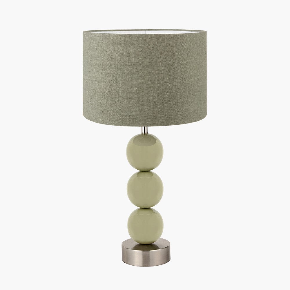 Pacific Lifestyle Lighting Sofia Sage and Silver Enamel 3 Ball Table Lamp Base with Edward 35cm Pistachio Green Linen Cylinder Lampshade House of Isabella UK