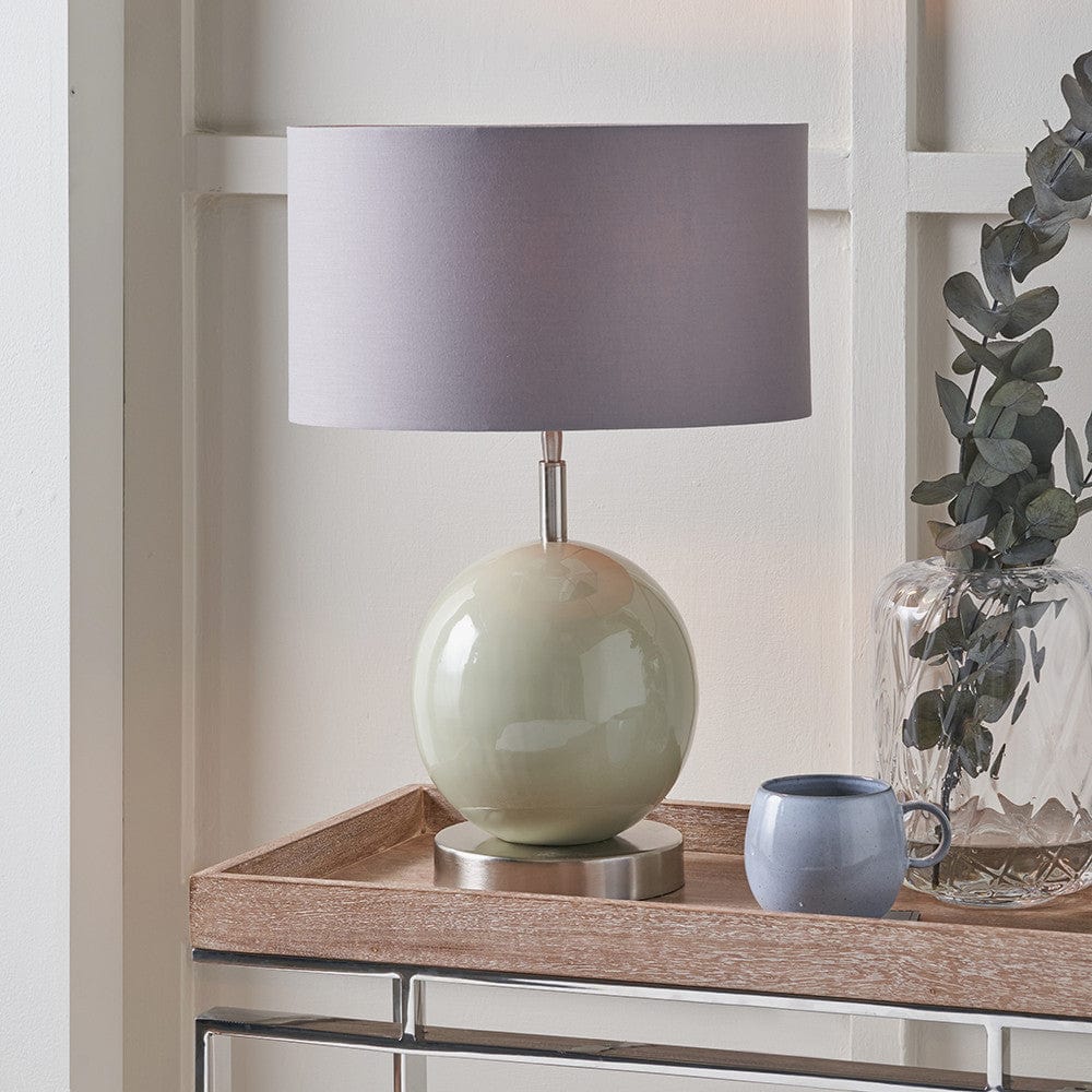 Sofia Sage and Silver Enamel Table Lamp Base with Harry 35cm Steel Grey Cotton Mix Cylinder Lampshade.