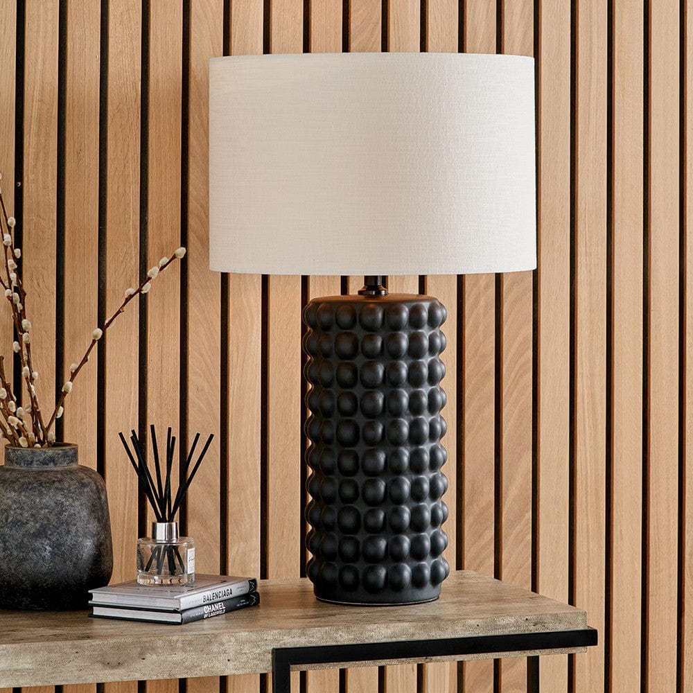 Pacific Lifestyle Lighting Sohan Black Bobbled Ceramic Tall Table Lamp Base with Lino 40cm White Self Lined Linen Cylinder Lampshade House of Isabella UK