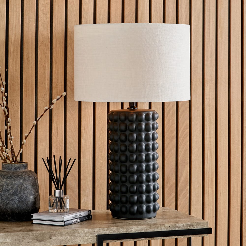 Pacific Lifestyle Lighting Sohan Black Bobbled Ceramic Tall Table Lamp Base with Lino 40cm White Self Lined Linen Drum Shade House of Isabella UK