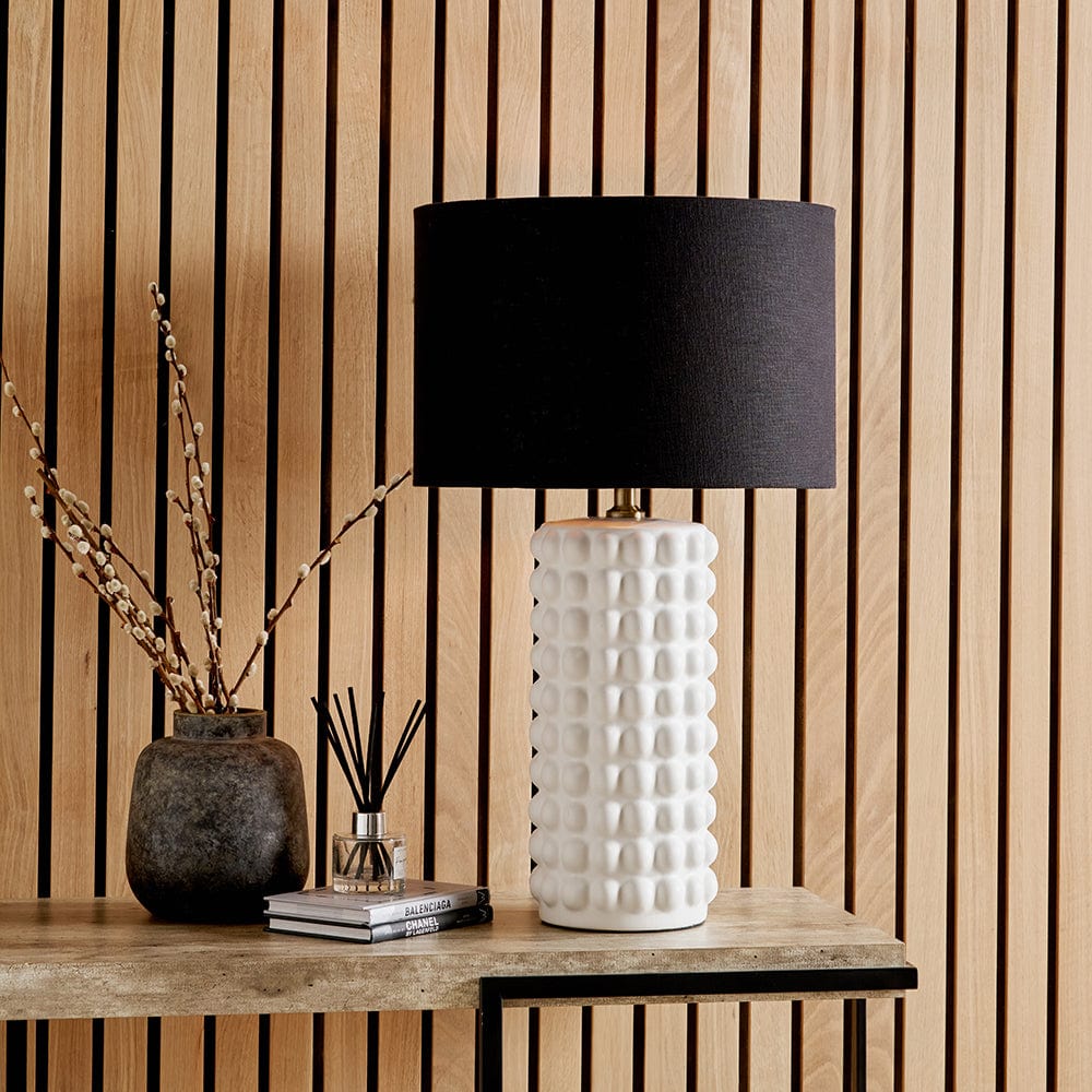 Sohan White Bobbled Ceramic Tall Table Lamp Base with Lino 40cm Black Self Lined Linen Drum Shade.