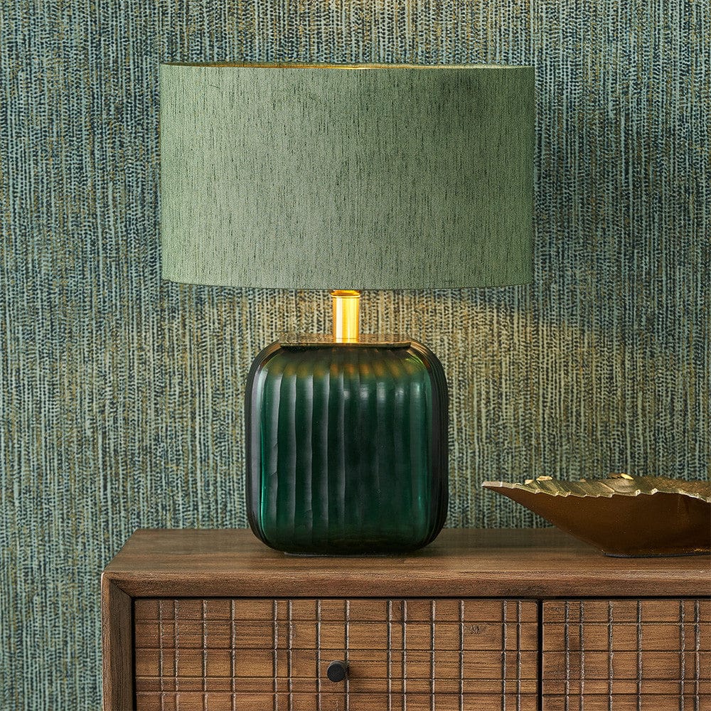 Stellan 35cm Green Slubbed Silk Mix Gold Lined Cylinder Lampshade.