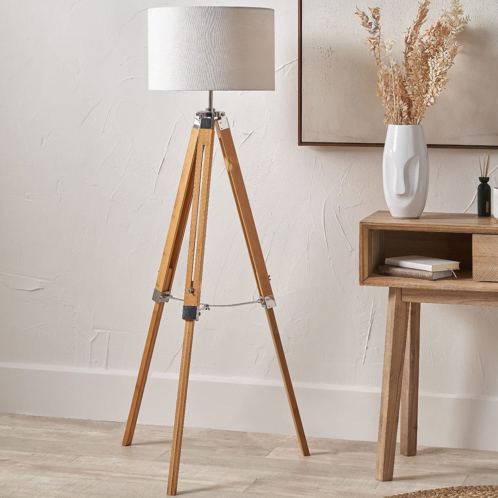 Pacific Lifestyle Lighting Sumba Bamboo Tripod Floor Lamp Base with Lino 40cm White Self Lined Linen Cylinder Lampshade House of Isabella UK
