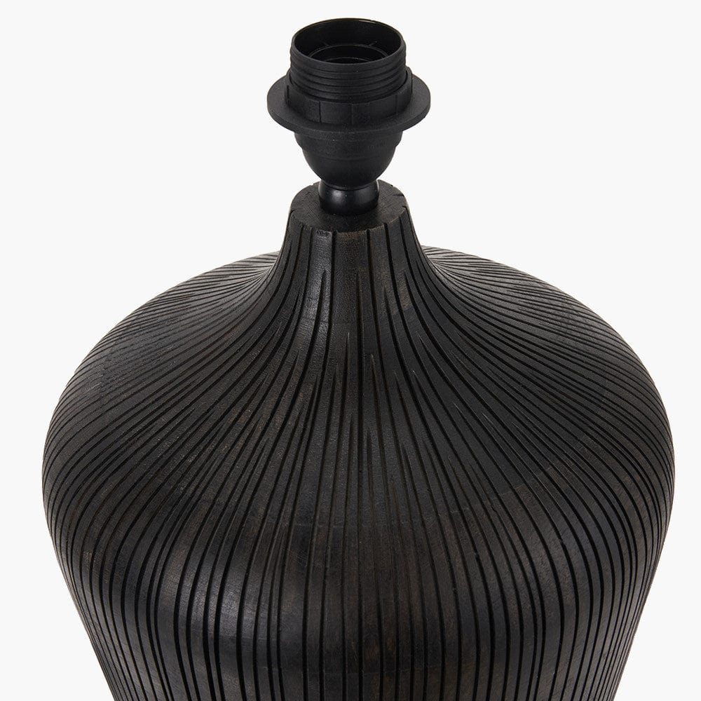 Taika Antique Black Textured Wood Table Lamp Base with Lino 40cm White Self Lined Linen Cylinder Lampshade.