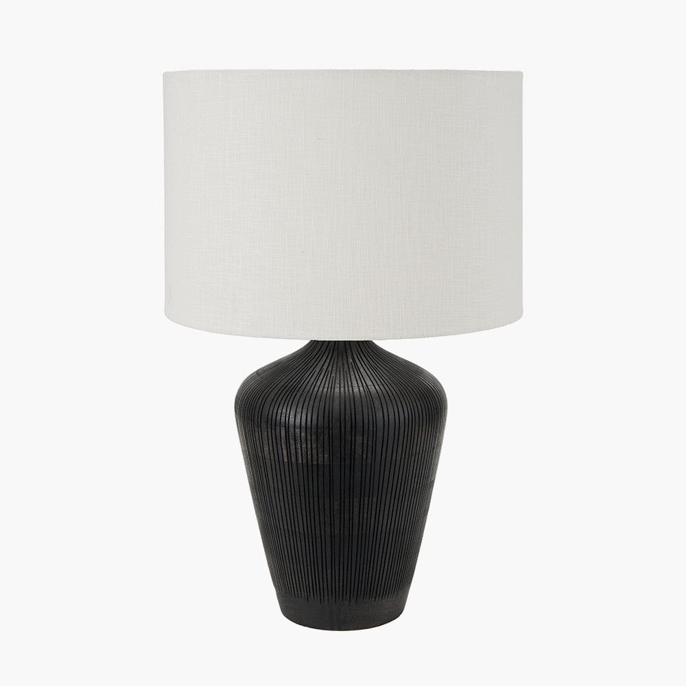 Taika Antique Black Textured Wood Table Lamp Base with Lino 40cm White Self Lined Linen Cylinder Lampshade.