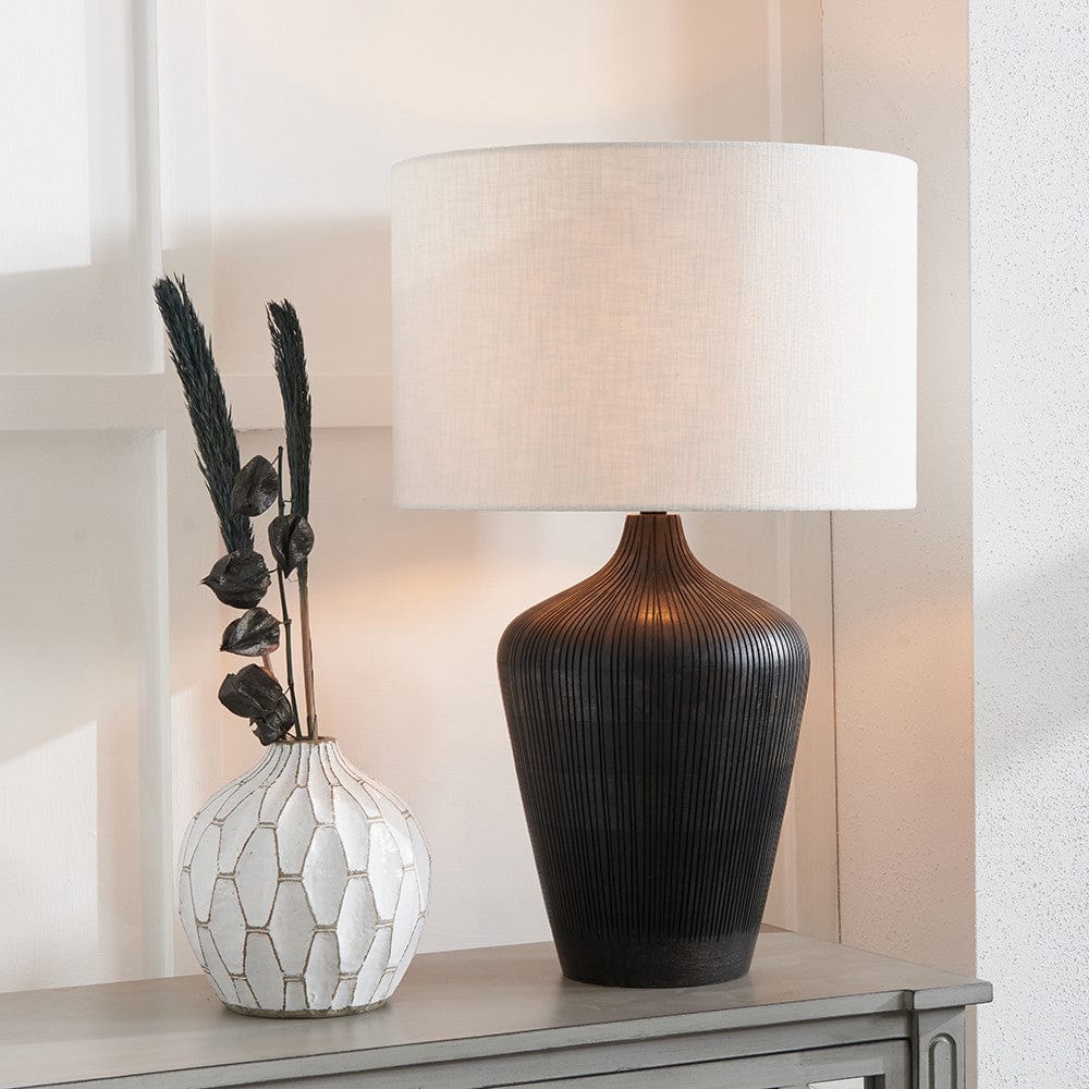 Taika Antique Black Textured Wood Table Lamp.