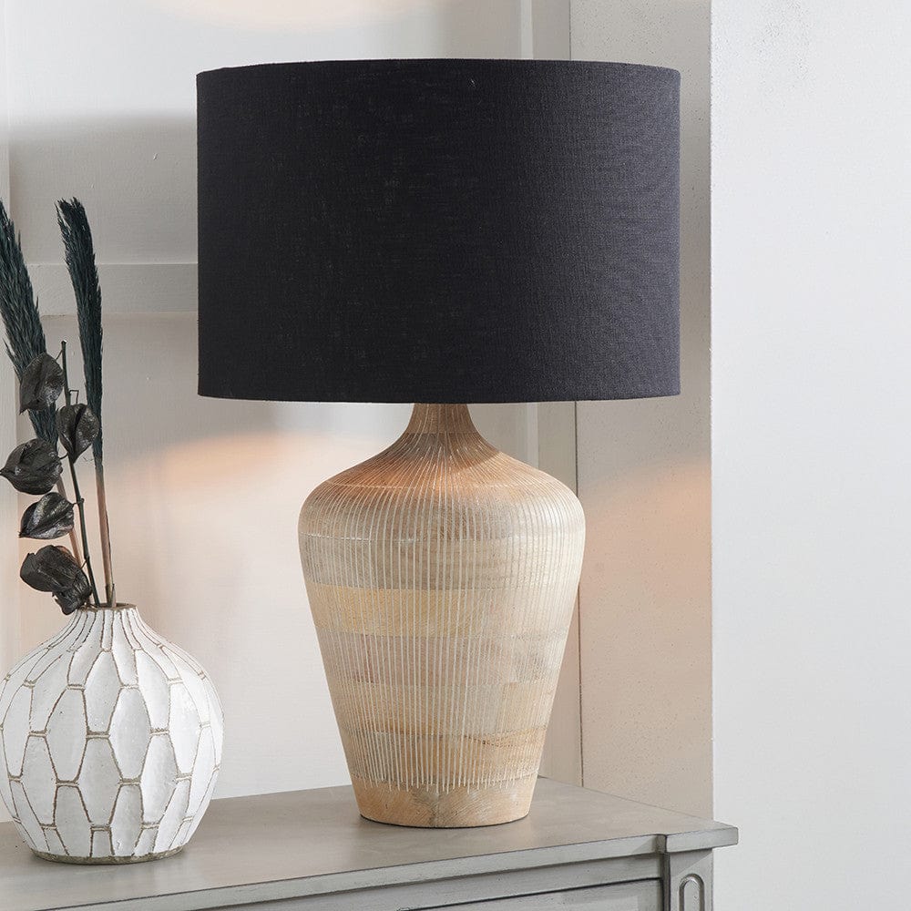 Taika White Wash Textured Wood Table Lamp Base with Lino 40cm Black Self Lined Linen Cylinder Lampshade.