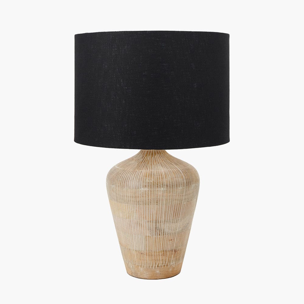 Taika White Wash Textured Wood Table Lamp Base with Lino 40cm Black Self Lined Linen Cylinder Lampshade.