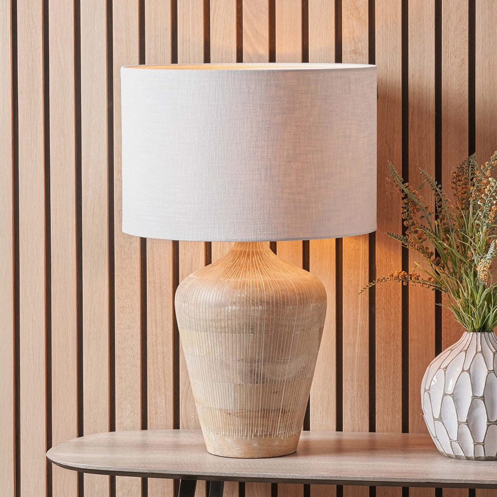 Taika White Wash Textured Wood Table Lamp Base with Lino 40cm White Self Lined Linen Cylinder Lampshade.