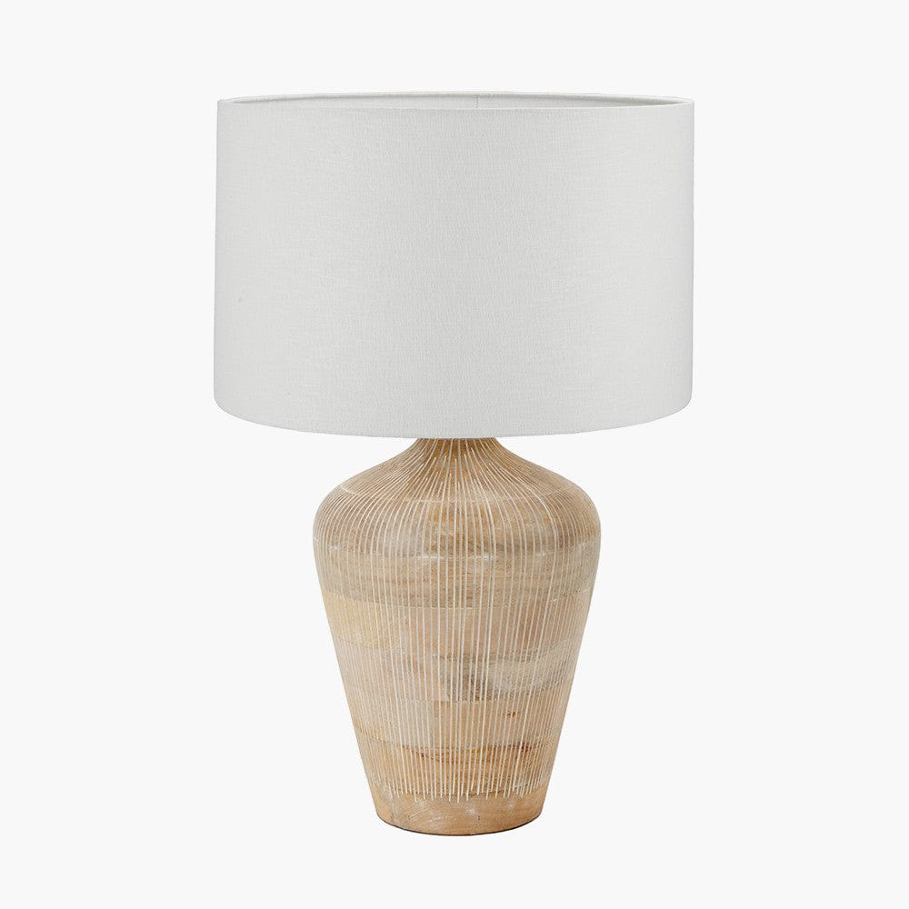 Taika White Wash Textured Wood Table Lamp Base with Lino 40cm White Self Lined Linen Cylinder Lampshade.