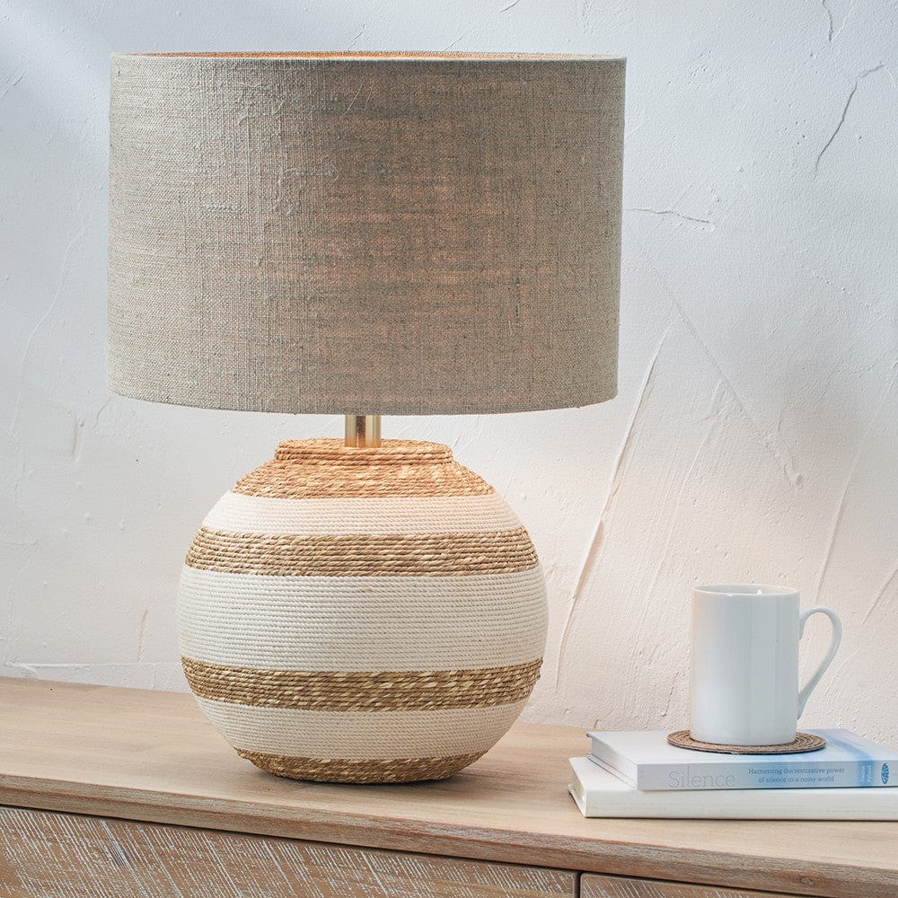 Pacific Lifestyle Lighting Talalla Cream and Natural Sea Grass Round Table Lamp Base with Edward 35cm Natural Linen Cylinder Lampshade House of Isabella UK