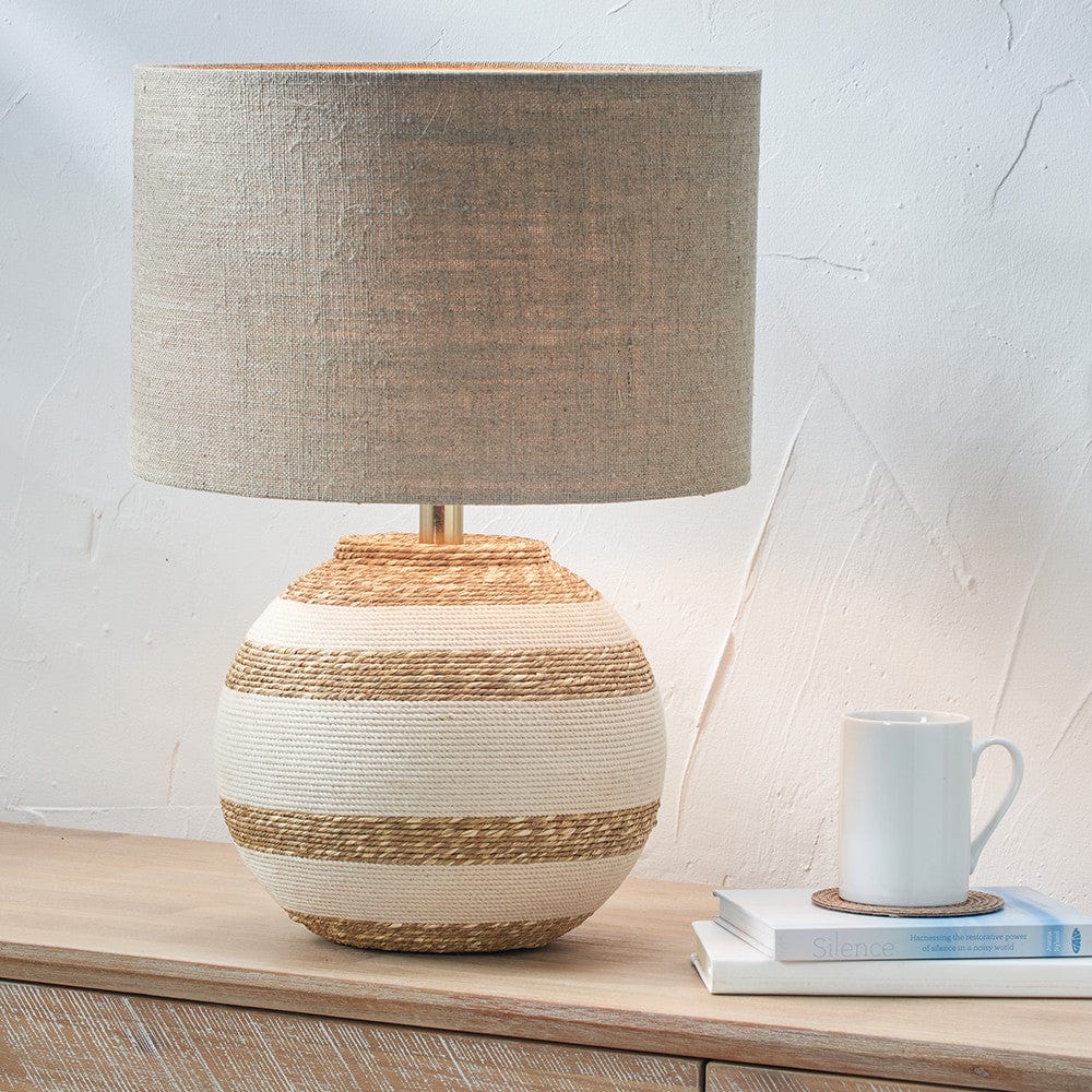 Talalla Cream and Natural  Sea Grass Round Table Lamp with Edward 35cm Natural Linen Cylinder Shade.