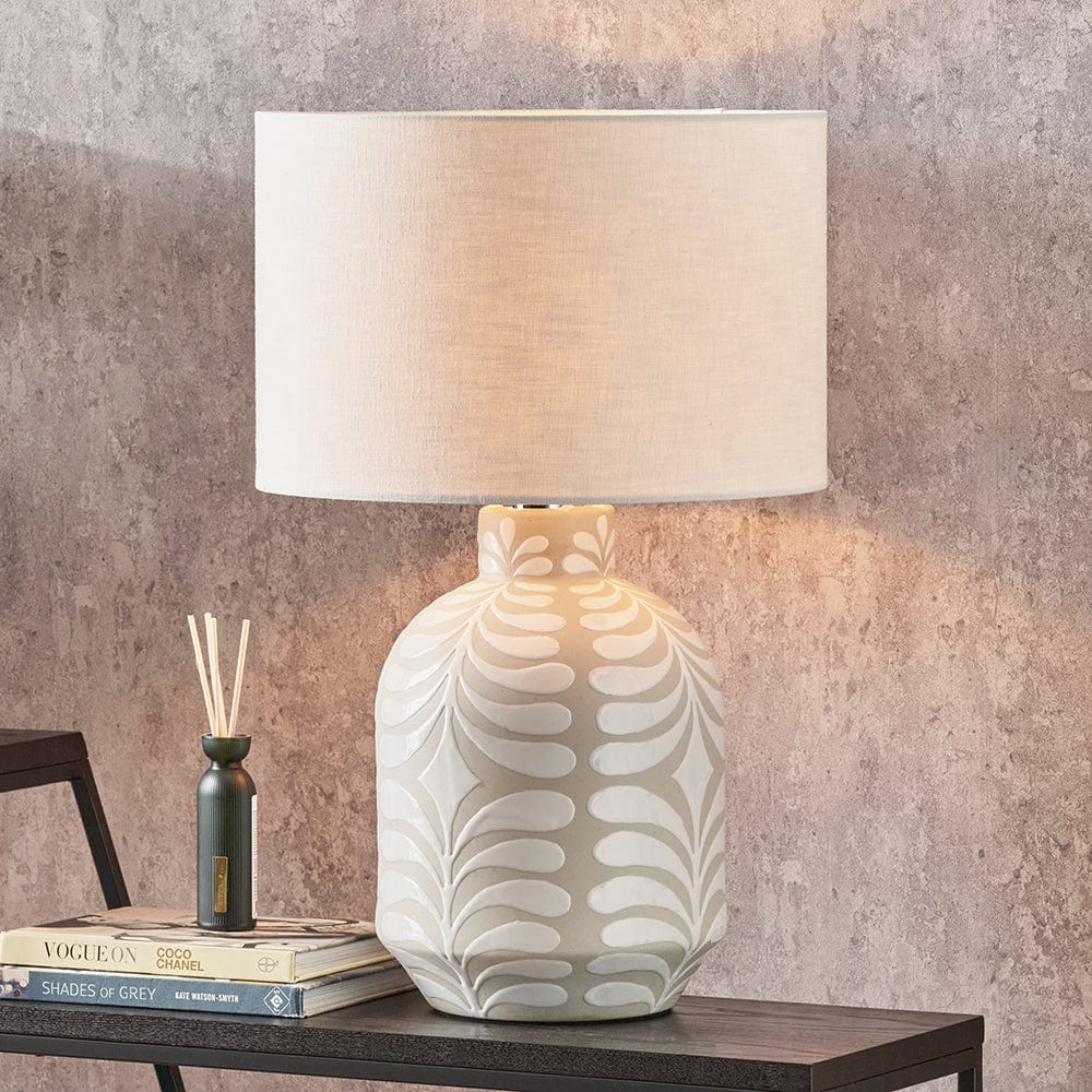 Pacific Lifestyle Lighting Tania Grey and White Pattern Ceramic Table Lamp Base with Lino 35cm White Self Lined Linen Drum Shade House of Isabella UK