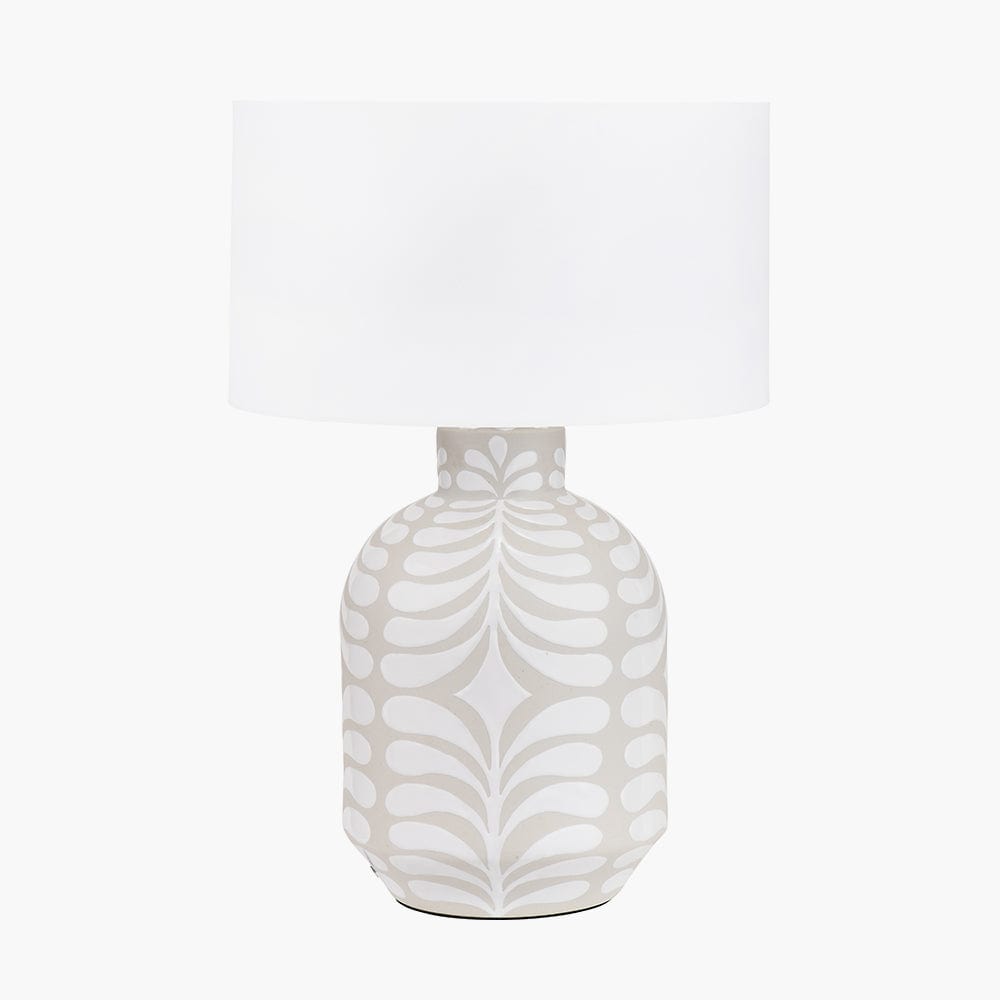 Tania Grey and White Pattern Ceramic Table Lamp Base with Lino 35cm White Self Lined Linen Drum Shade.