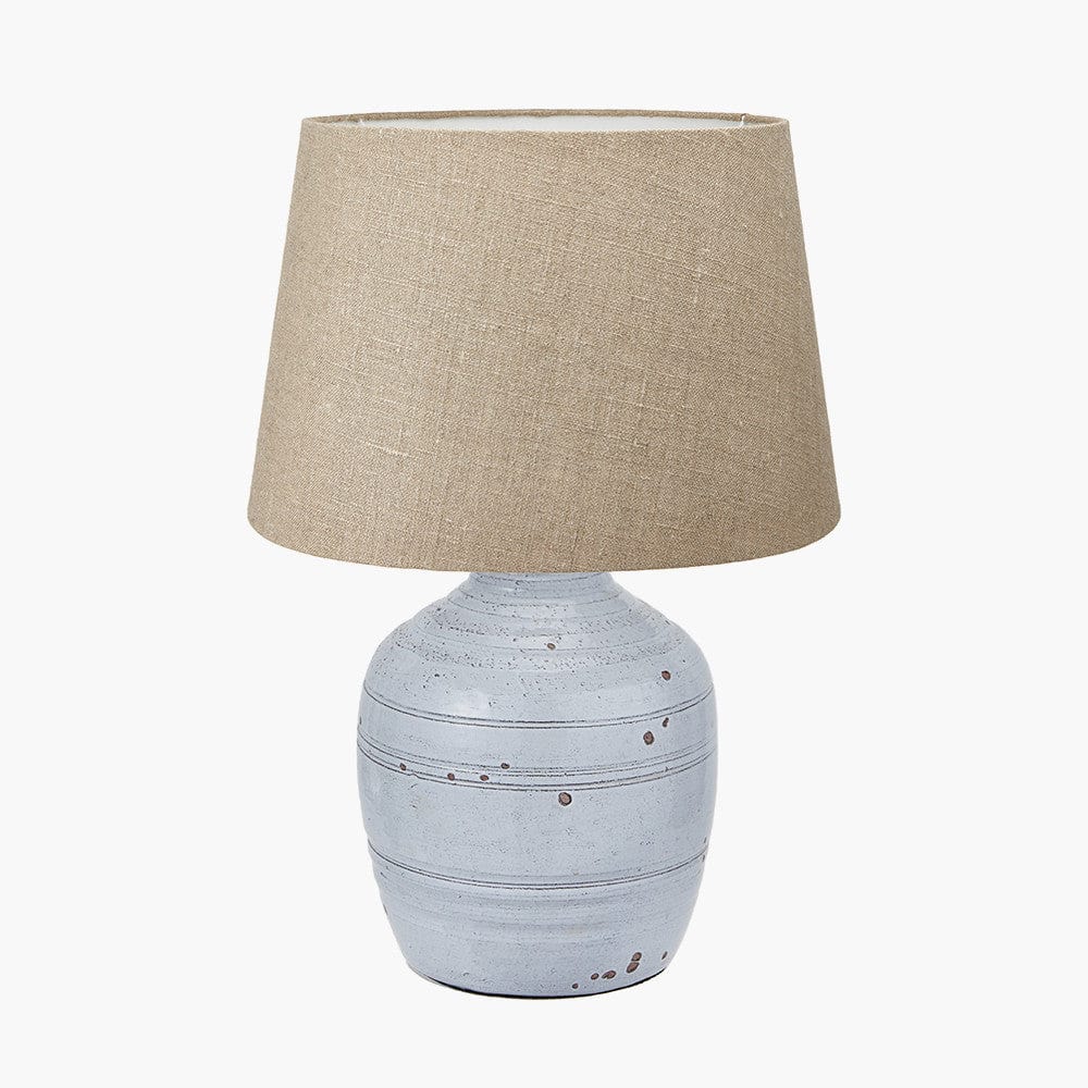 Thalia White Textured Groove Design Stoneware Table Lamp Base with Milos 35cm Natural Linen Tapered Lampshade.