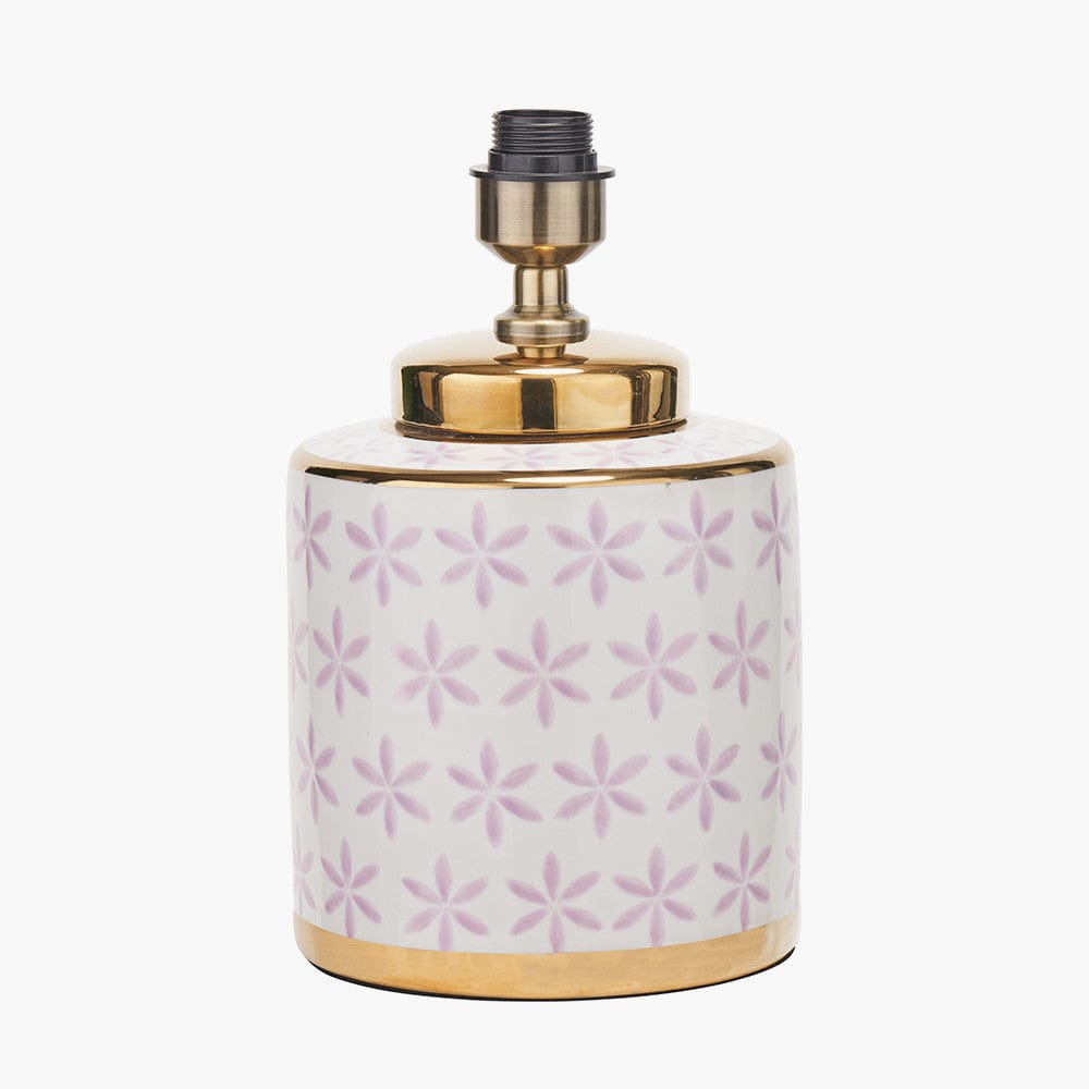 Thea Lillac and Gold Leaf Ceramic Table Lamp Base with Rene 35cm Blush Velvet Cylinder Lampshade.