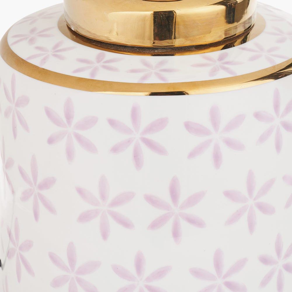 Thea Lillac and Gold Leaf Ceramic Table Lamp Base with Rene 35cm Blush Velvet Cylinder Shade.