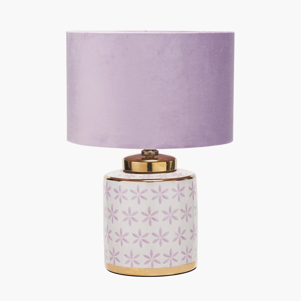 Thea Lillac and Gold Leaf Ceramic Table Lamp Base with Rene 35cm Blush Velvet Cylinder Shade.