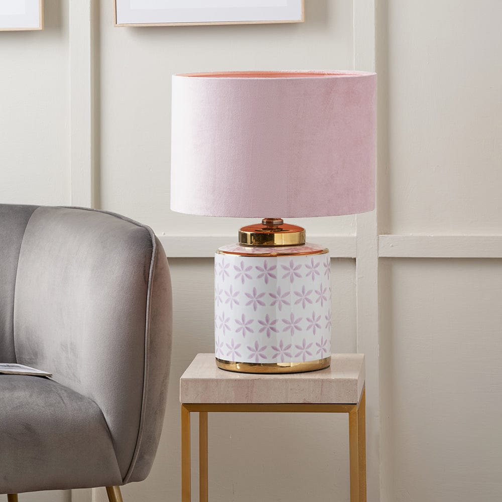 Pacific Lifestyle Lighting Thea Lillac and Gold Leaf Ceramic Table Lamp Base with Rene 35cm Blush Velvet Cylinder Shade House of Isabella UK